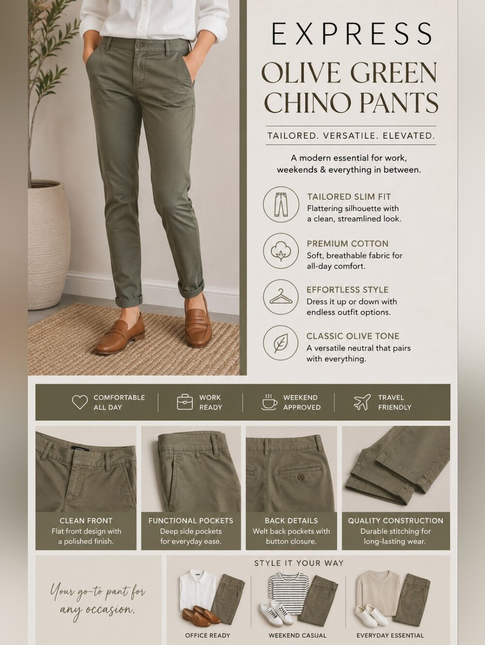 Express Olive Green Cotton Chino Pants Tailored Slim Fit Casual Business Casual